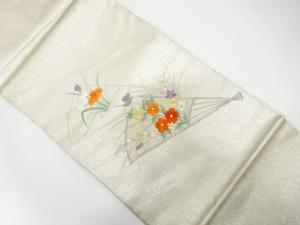 扇に秋草・菖蒲模様　刺繍　名古屋帯